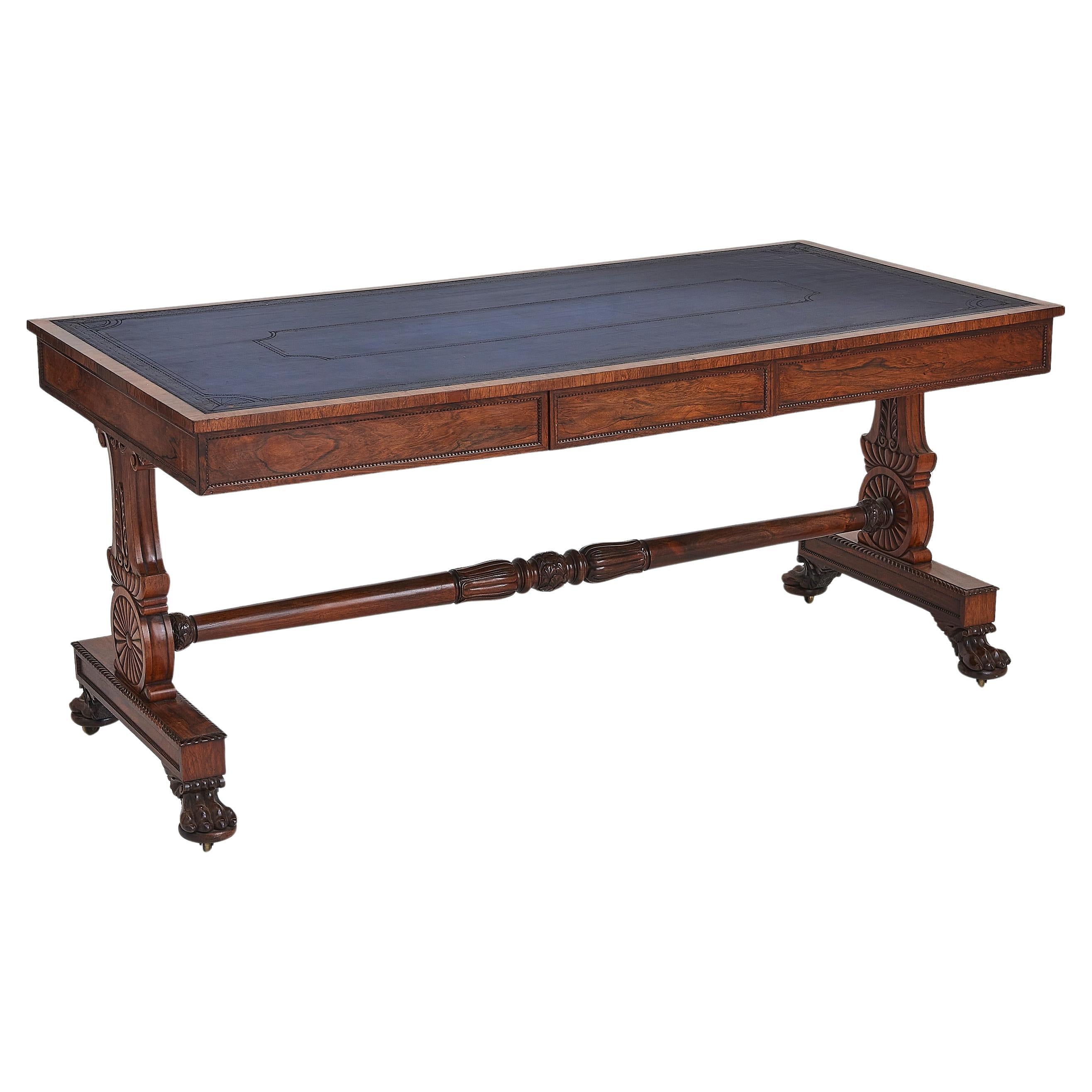 Antique Rosewood Partners Desk With Blue Leather Embossed Top & Hidden Button