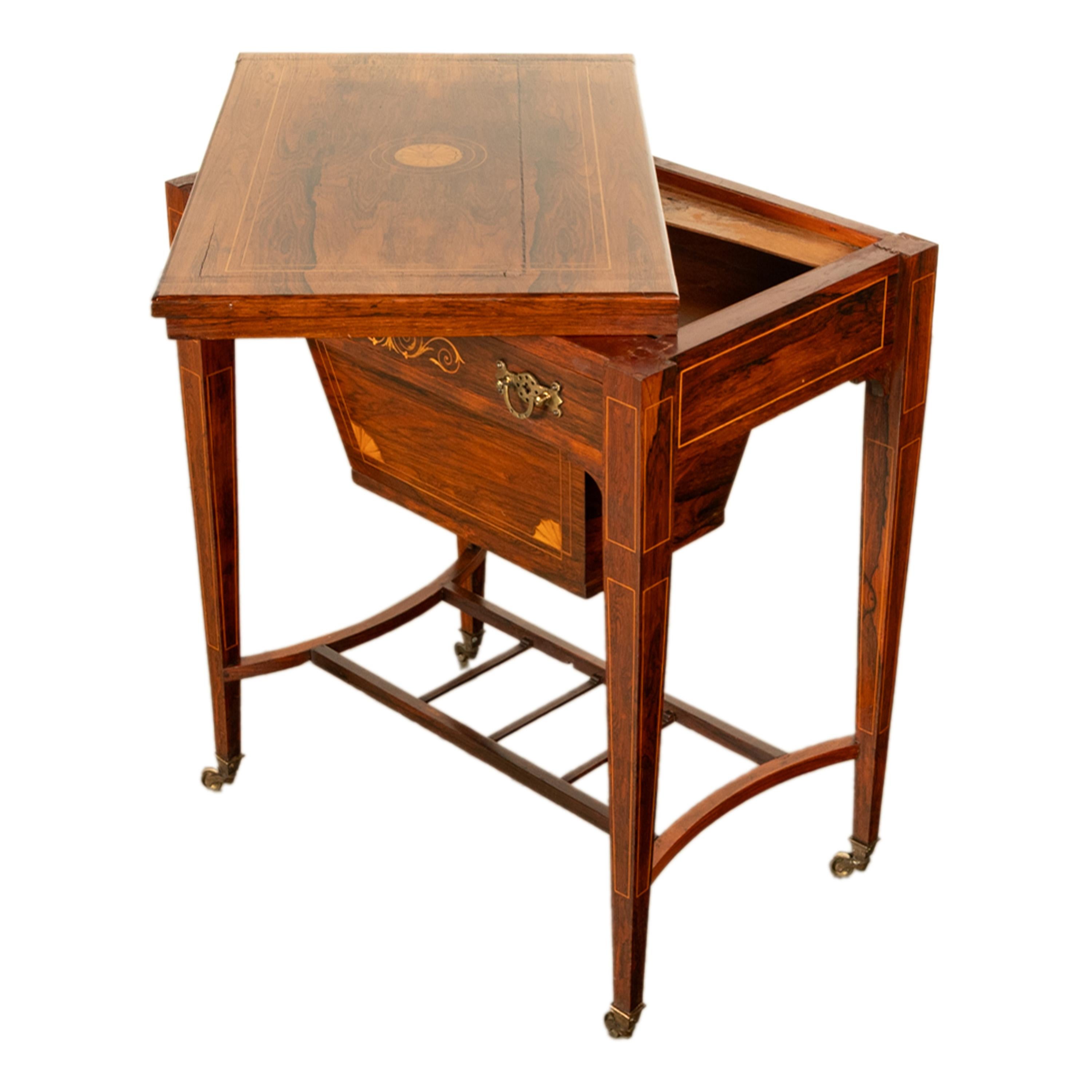 Antique Rosewood Regency Inlaid Chess Backgammon Cribbage Game Sewing Table 1890 2