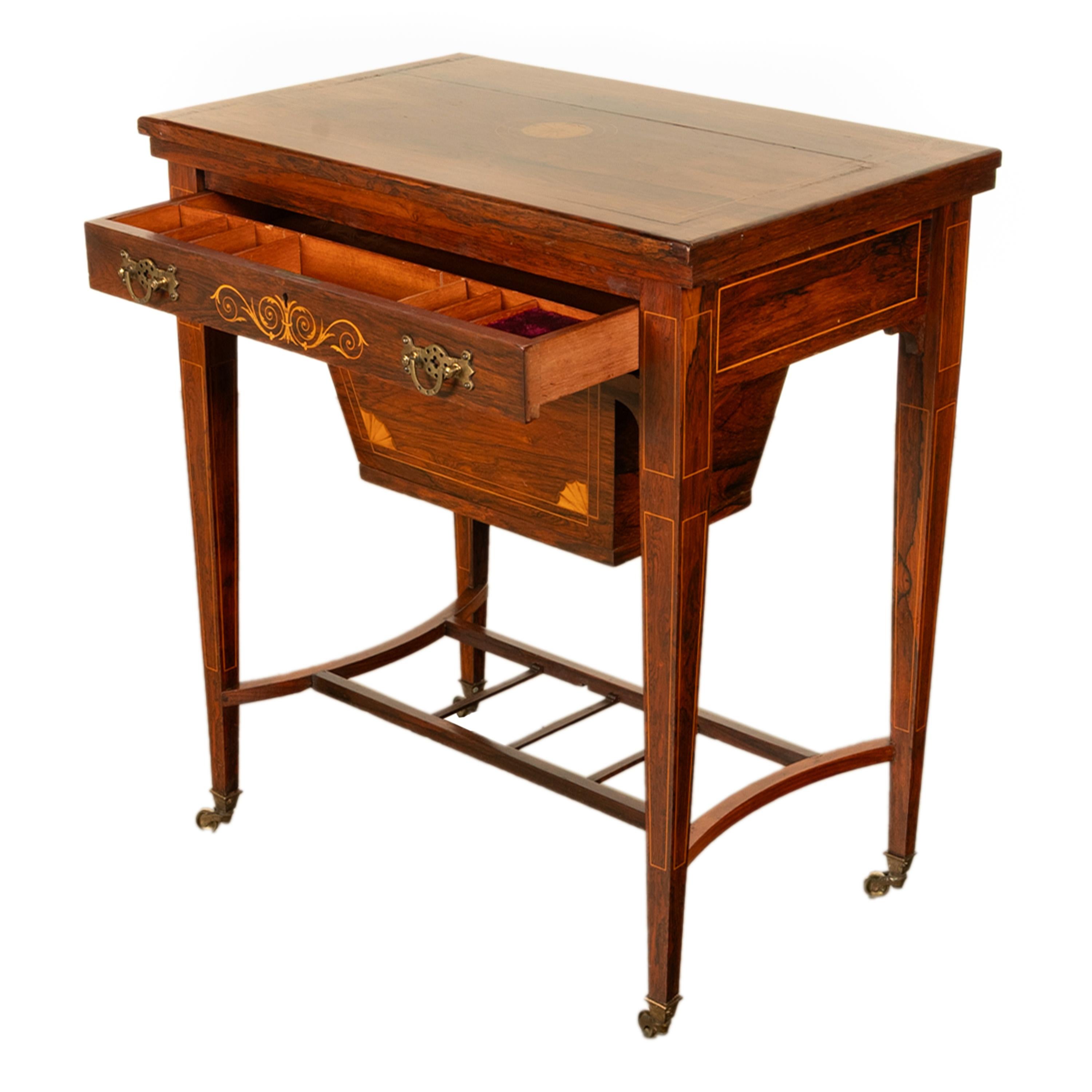Antique Rosewood Regency Inlaid Chess Backgammon Cribbage Game Sewing Table 1890 4