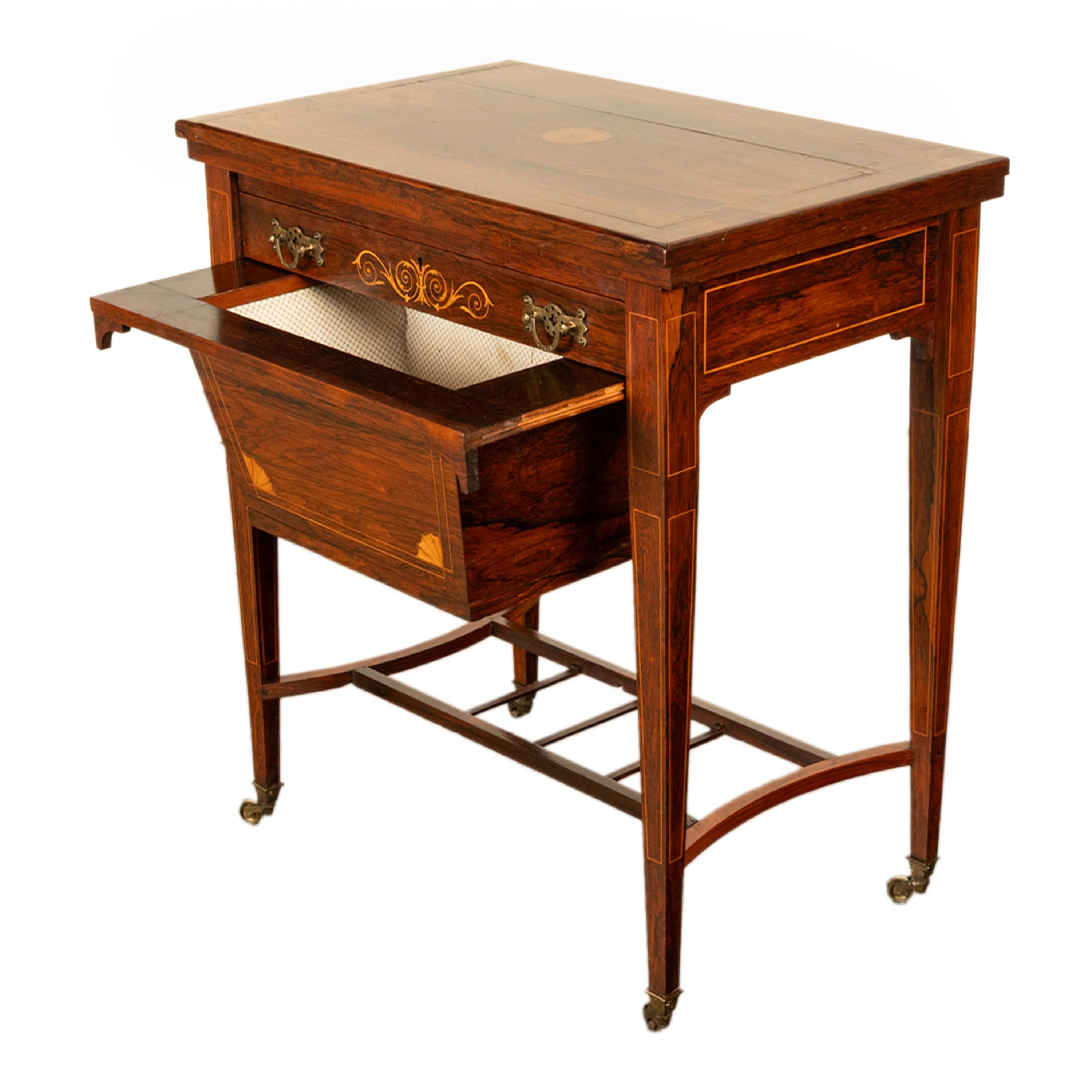 Antique Rosewood Regency Inlaid Chess Backgammon Cribbage Game Sewing Table 1890 5