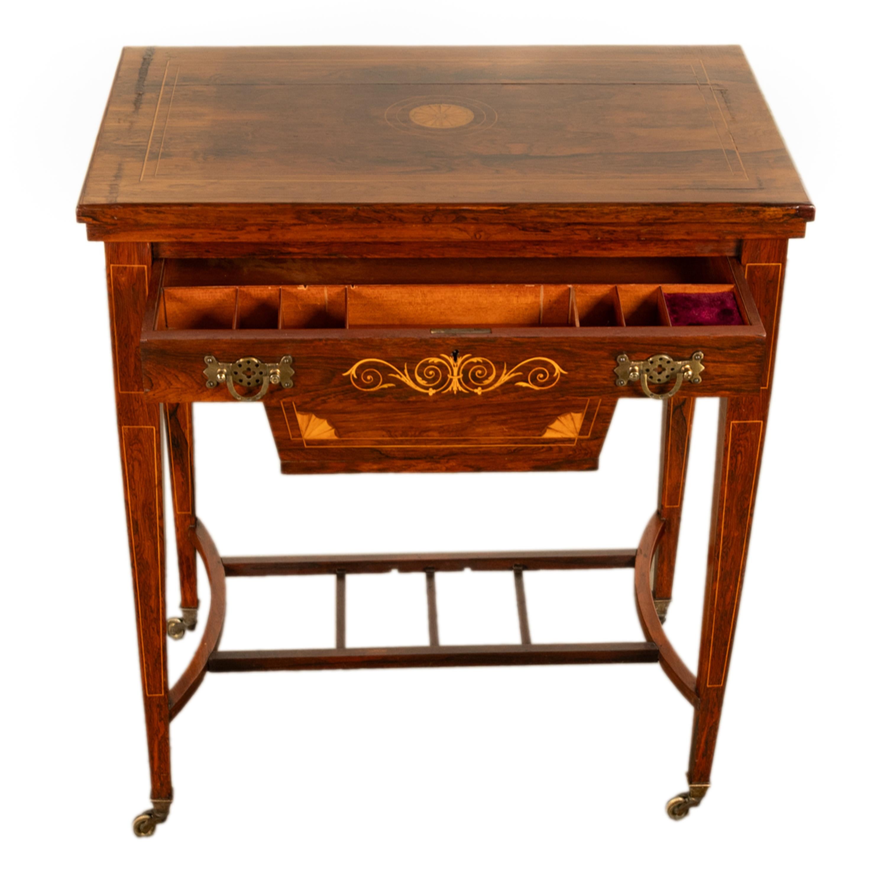 Antique Rosewood Regency Inlaid Chess Backgammon Cribbage Game Sewing Table 1890 7