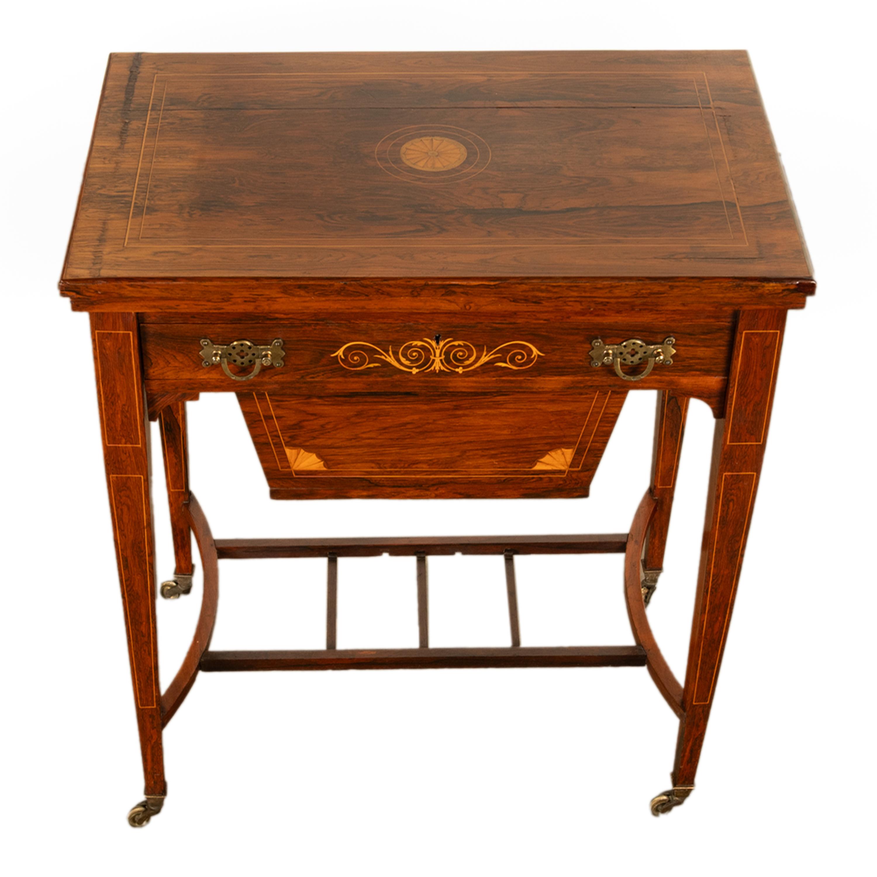 Regency Revival Antique Rosewood Regency Inlaid Chess Backgammon Cribbage Game Sewing Table 1890