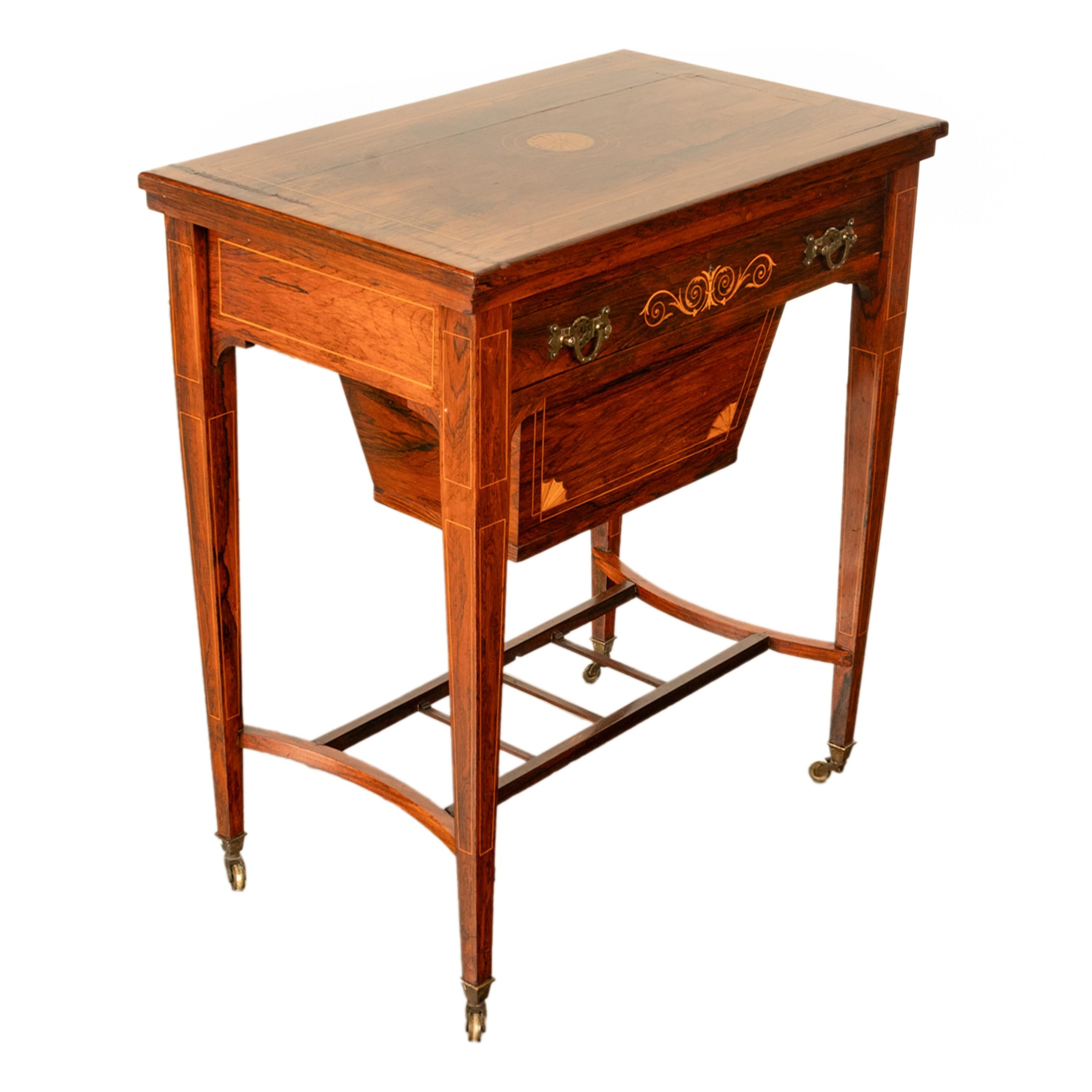 English Antique Rosewood Regency Inlaid Chess Backgammon Cribbage Game Sewing Table 1890