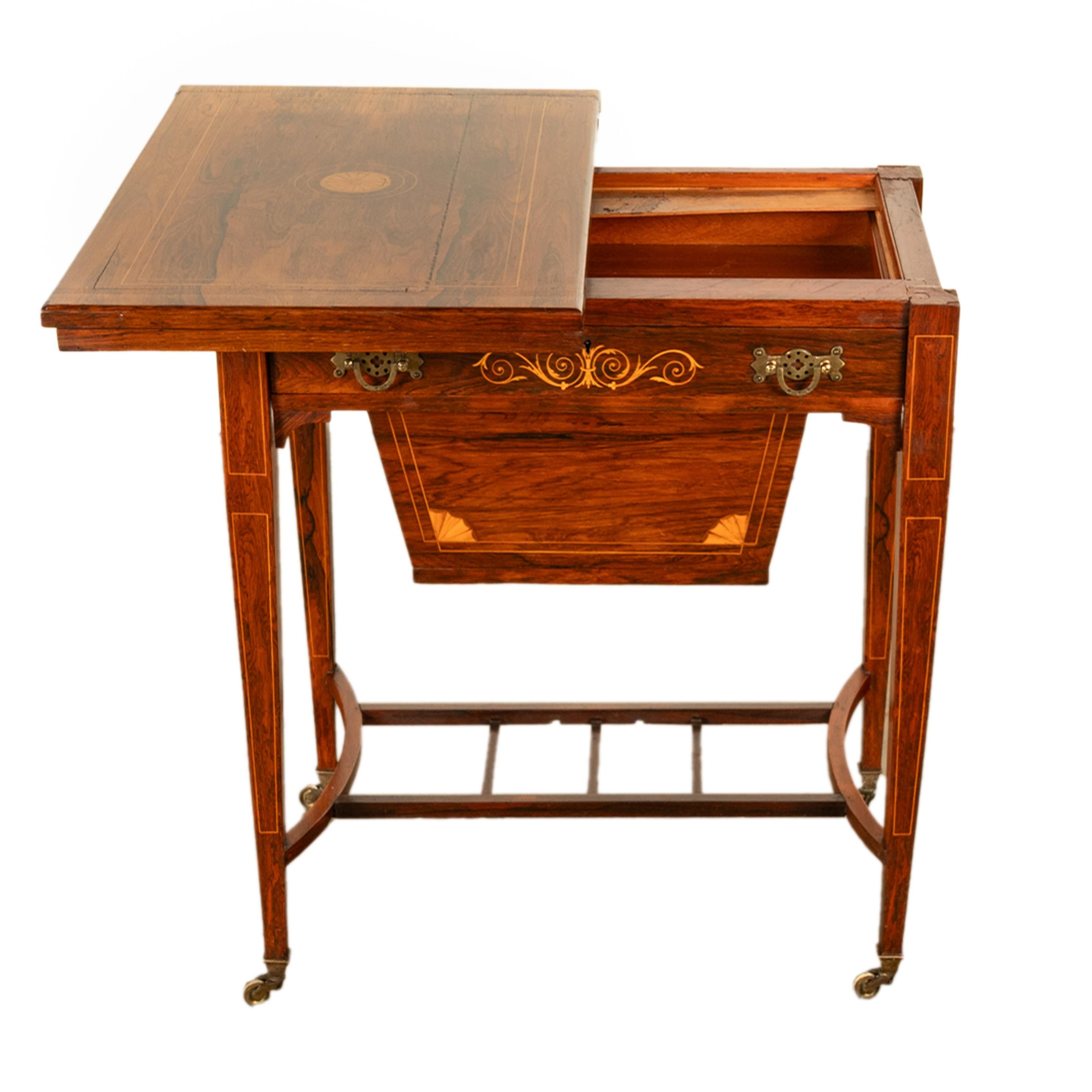 Antique Rosewood Regency Inlaid Chess Backgammon Cribbage Game Sewing Table 1890 In Good Condition In Portland, OR