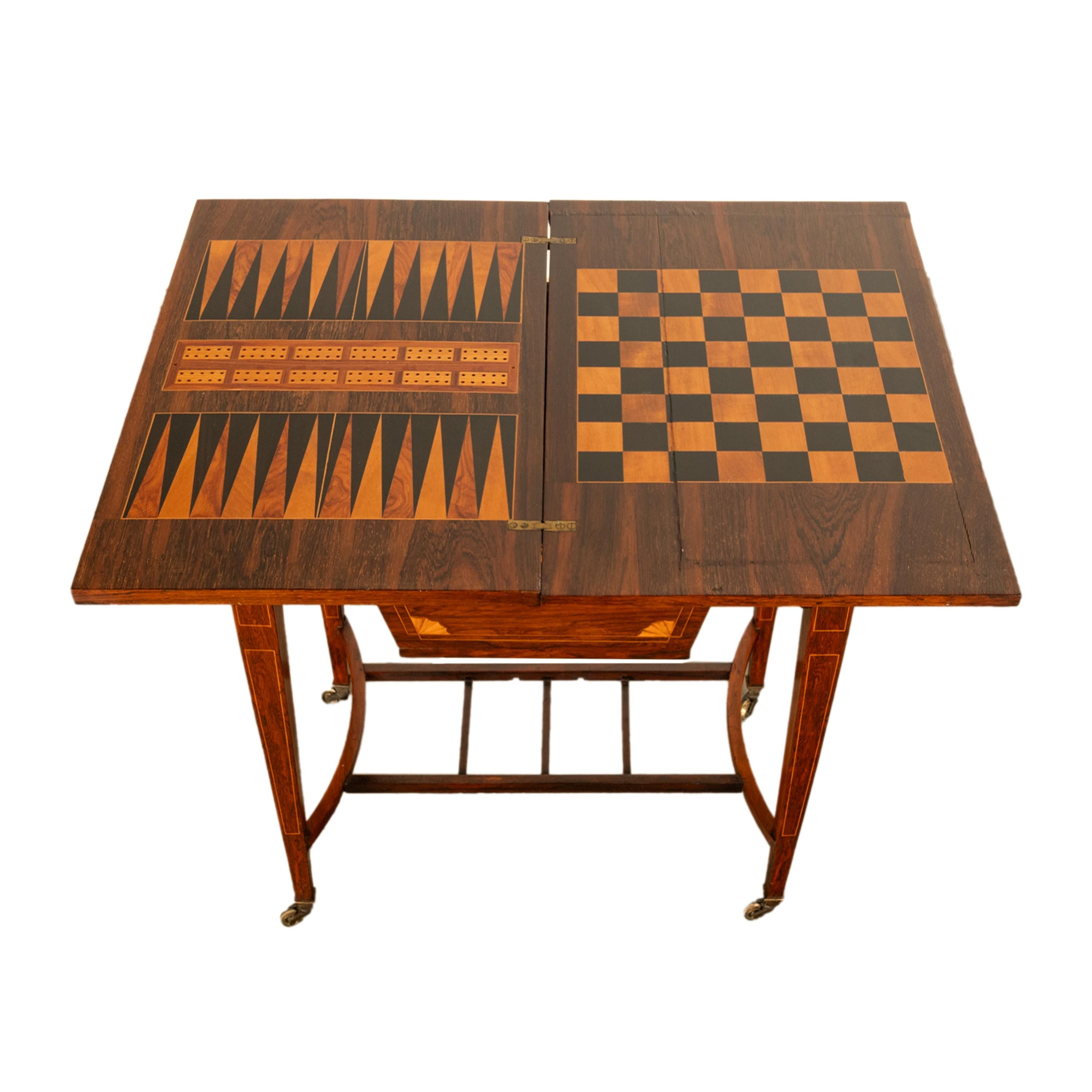 Late 19th Century Antique Rosewood Regency Inlaid Chess Backgammon Cribbage Game Sewing Table 1890