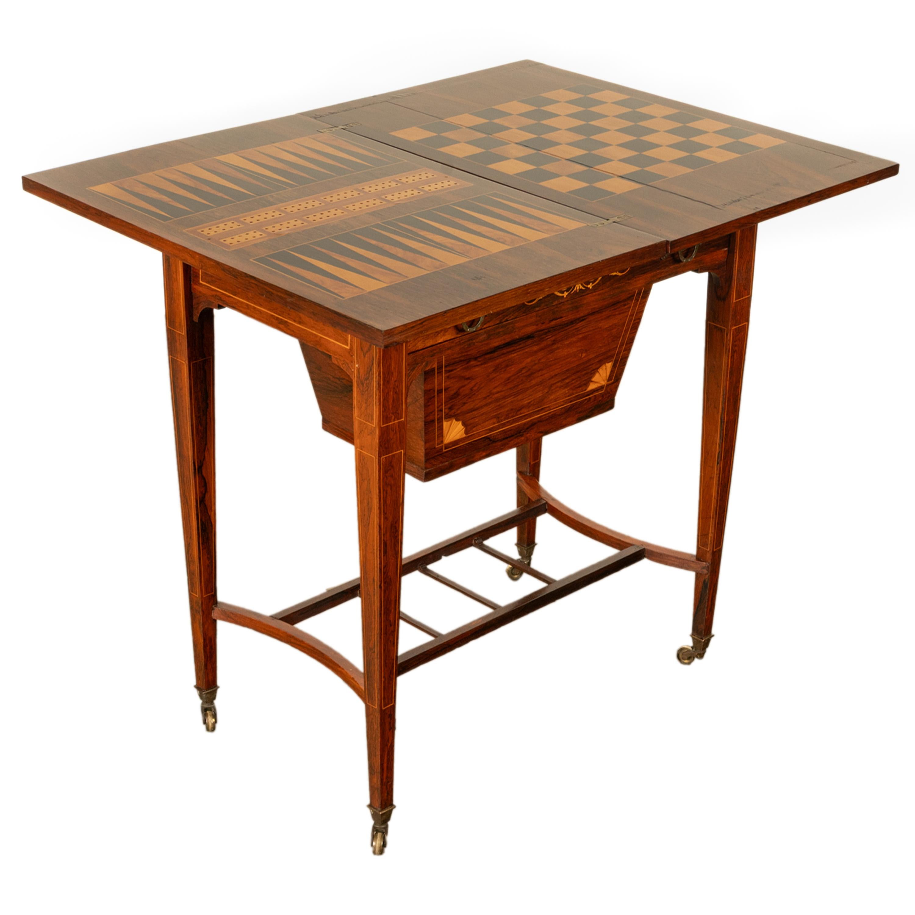 Boxwood Antique Rosewood Regency Inlaid Chess Backgammon Cribbage Game Sewing Table 1890