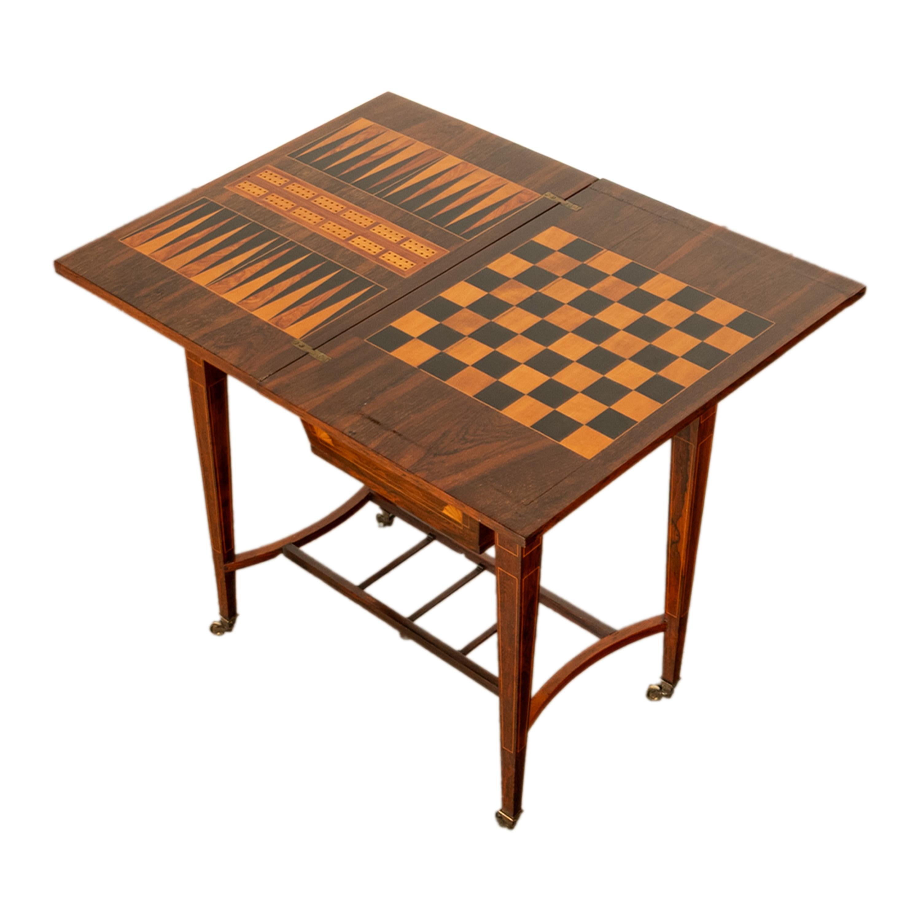 Antique Rosewood Regency Inlaid Chess Backgammon Cribbage Game Sewing Table 1890 1