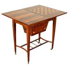 Antique Rosewood Regency Inlaid Chess Backgammon Cribbage Game Sewing Table 1890