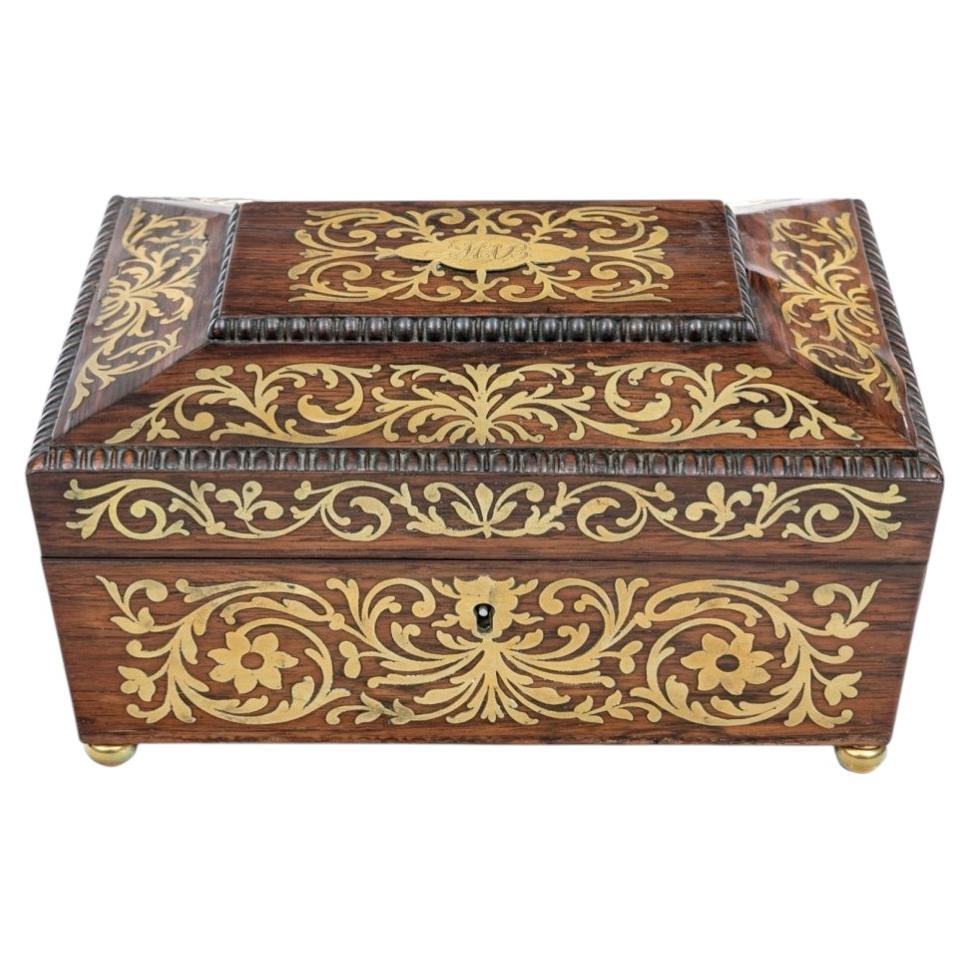 Antique Rosewood Sarcophagus Shape Brass Overlay Ladies Necessaire For Sale