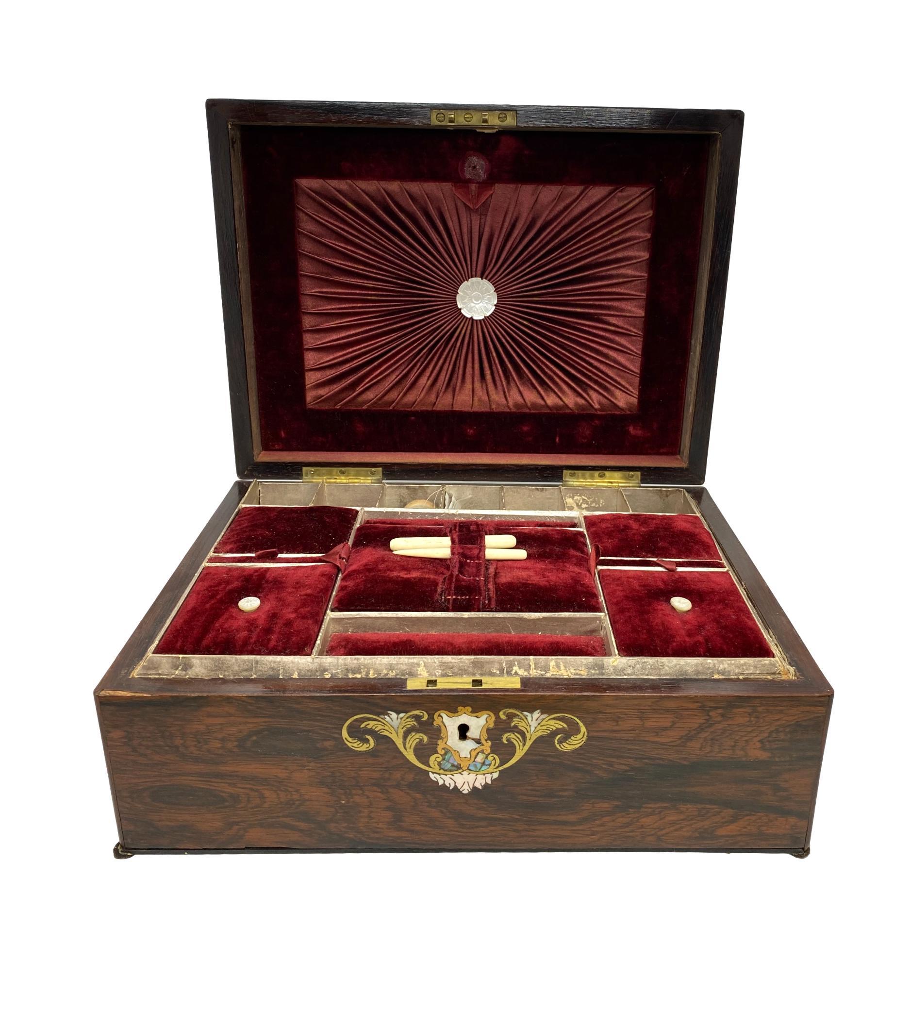 Antique rosewood sewing box with very fine brass work and mother of pearl inlay, English, 1850, inscribed. 
 