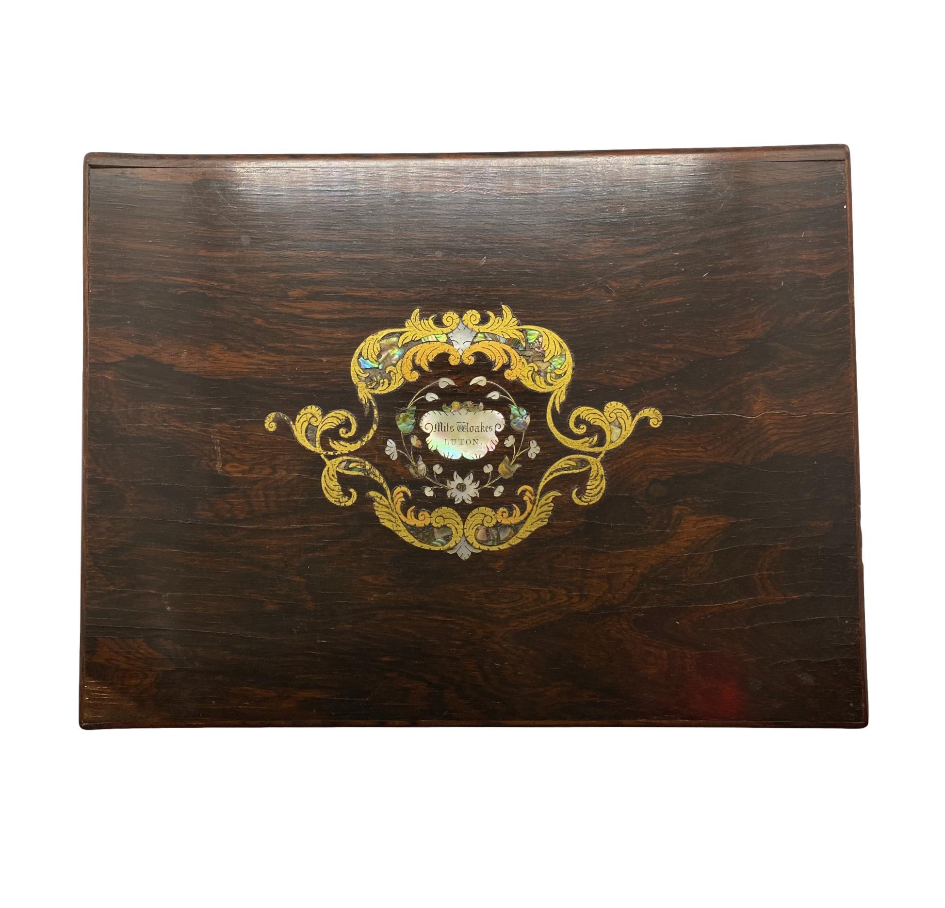 Antique Rosewood Sewing Box with Brass and Mother of Pearl Inlay, English, 1850 In Good Condition For Sale In Banner Elk, NC
