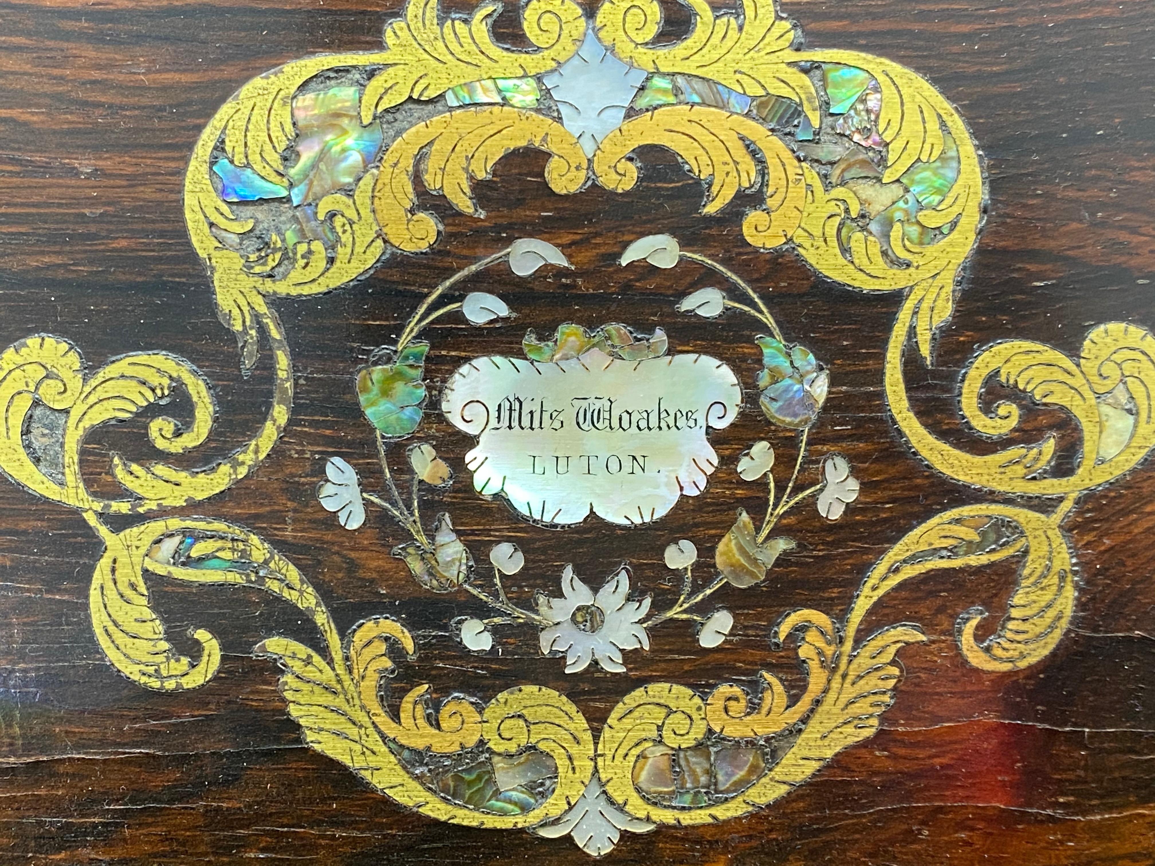 Mid-19th Century Antique Rosewood Sewing Box with Brass and Mother of Pearl Inlay, English, 1850 For Sale