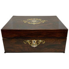 Antique Rosewood Sewing Box with Brass and Mother of Pearl Inlay, English, 1850