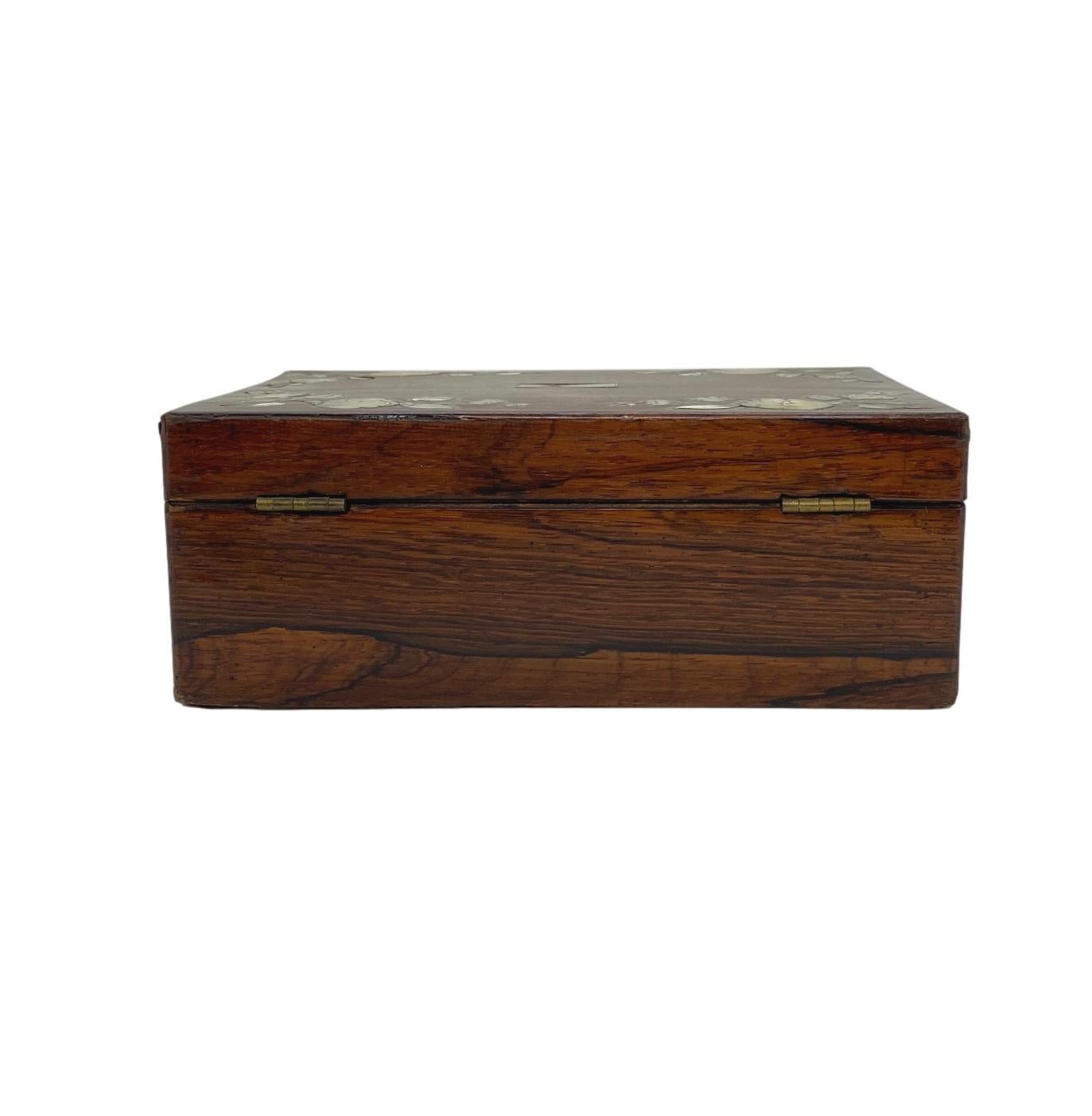 Hand-Crafted Rosewood Stationery Box with Fine Inlaid Mother of Pearl Flowers, circa 1840