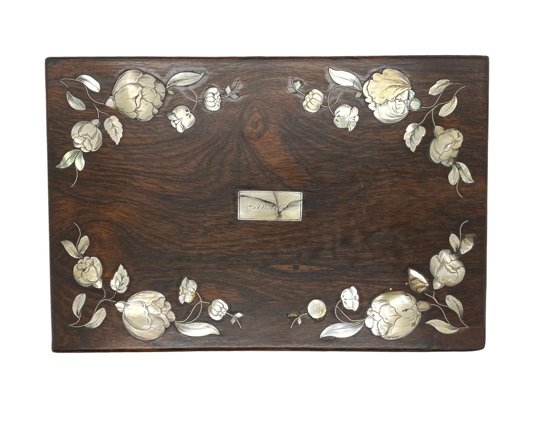 19th Century Rosewood Stationery Box with Fine Inlaid Mother of Pearl Flowers, circa 1840