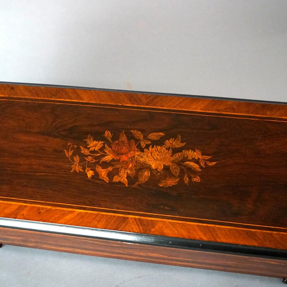 Antique Rosewood Swiss Music Box with Floral Marquetry Inlay, Circa 1890 In Good Condition In Big Flats, NY