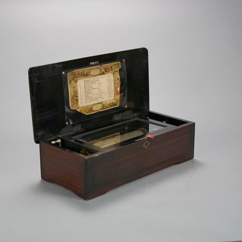 19th Century Antique Rosewood Swiss Music Box with Floral Marquetry Inlay, Circa 1890