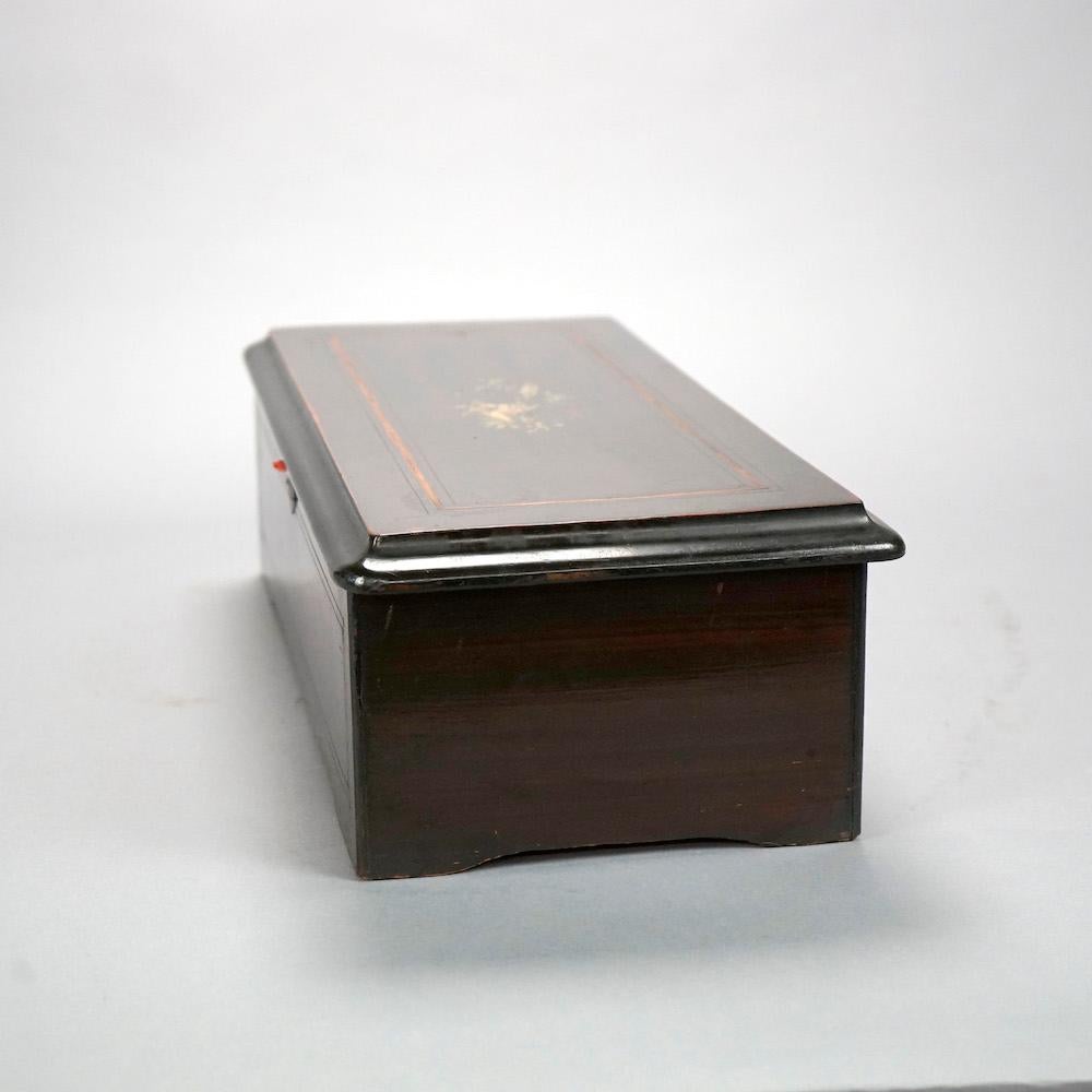 Antique Rosewood Swiss Music Box with Floral Marquetry Inlay, Circa 1890 3