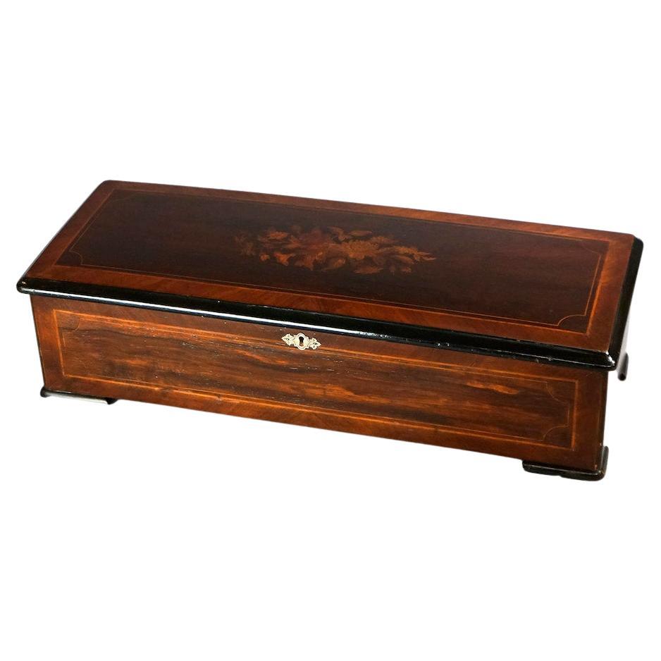 Antique Rosewood Swiss Music Box with Floral Marquetry Inlay, Circa 1890