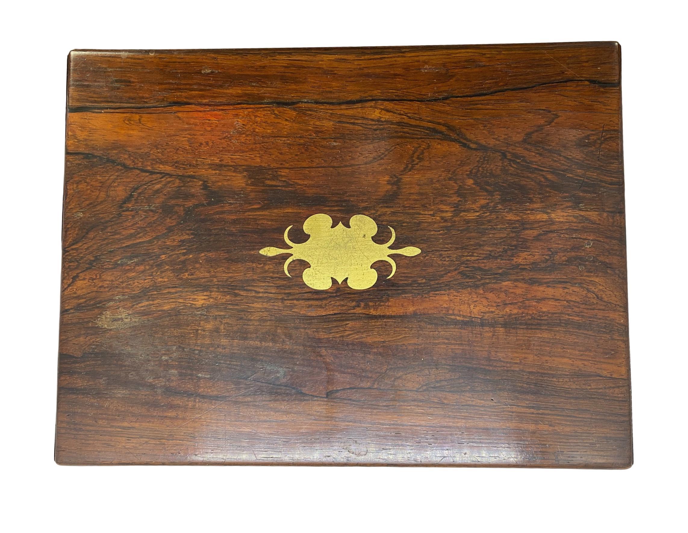 Victorian Antique Rosewood Travel Box with Brass Inlay, Complete with All Interior Items For Sale