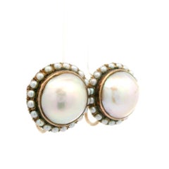 Antique Rosy Yellow Gold Mabe Pearl w/ Pearl Halo Screw On Earrings