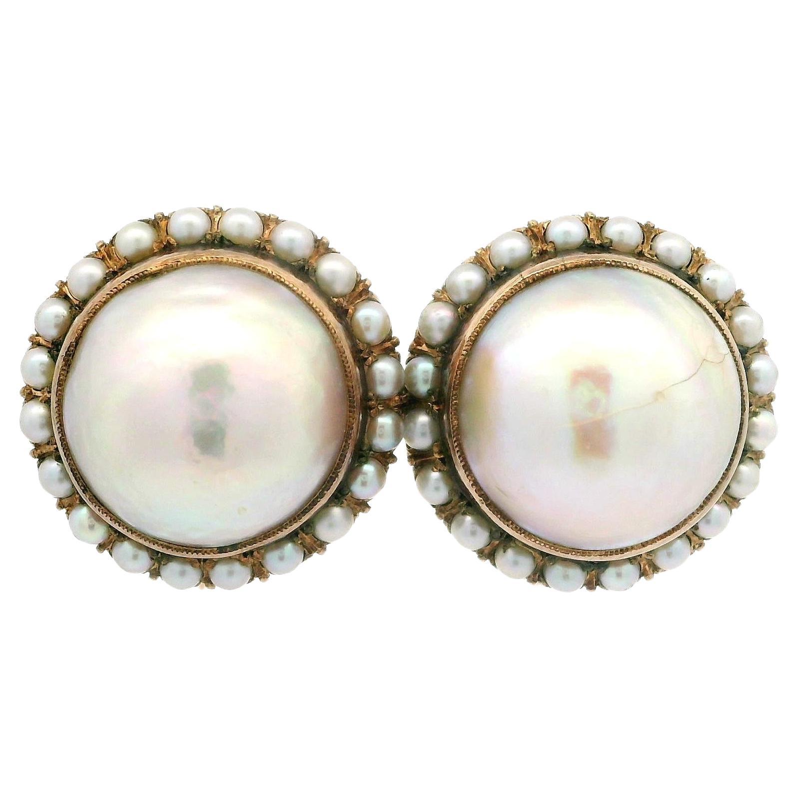 Antique Rosy Yellow Gold Mabe Pearl w/ Pearl Halo Screw On Earrings For Sale