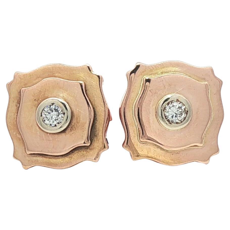 Antique Rosy Yellow Gold Old Cut Diamond Unique Design Stud Earrings For Sale