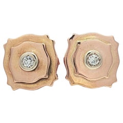 Antique Rosy Yellow Gold Old Cut Diamond Unique Design Stud Earrings