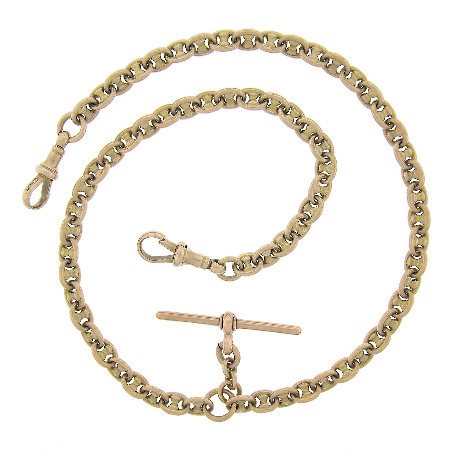 Material: Solid 9c Rosy Yellow Gold
Weight: 32.17 Grams
Chain Type: Unique Mariner Like Link
Chain Length:	16.5 Inches
Chain Width: 5.9mm 
Chain Thickness: 5.9mm 
Clasp: 2 Dog Clips (6.7x5.1mm Inside Diameter), Toggle Bar (34.8mm in length)
Stamp: