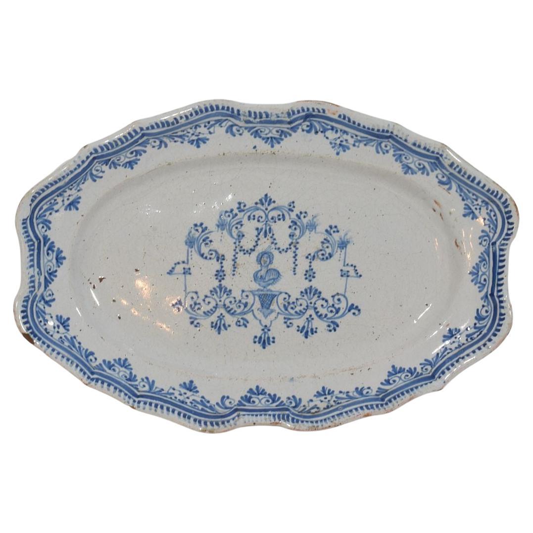 Antique Rouen Platter, Glazed Earthenware, Blue Decor, France, 1750