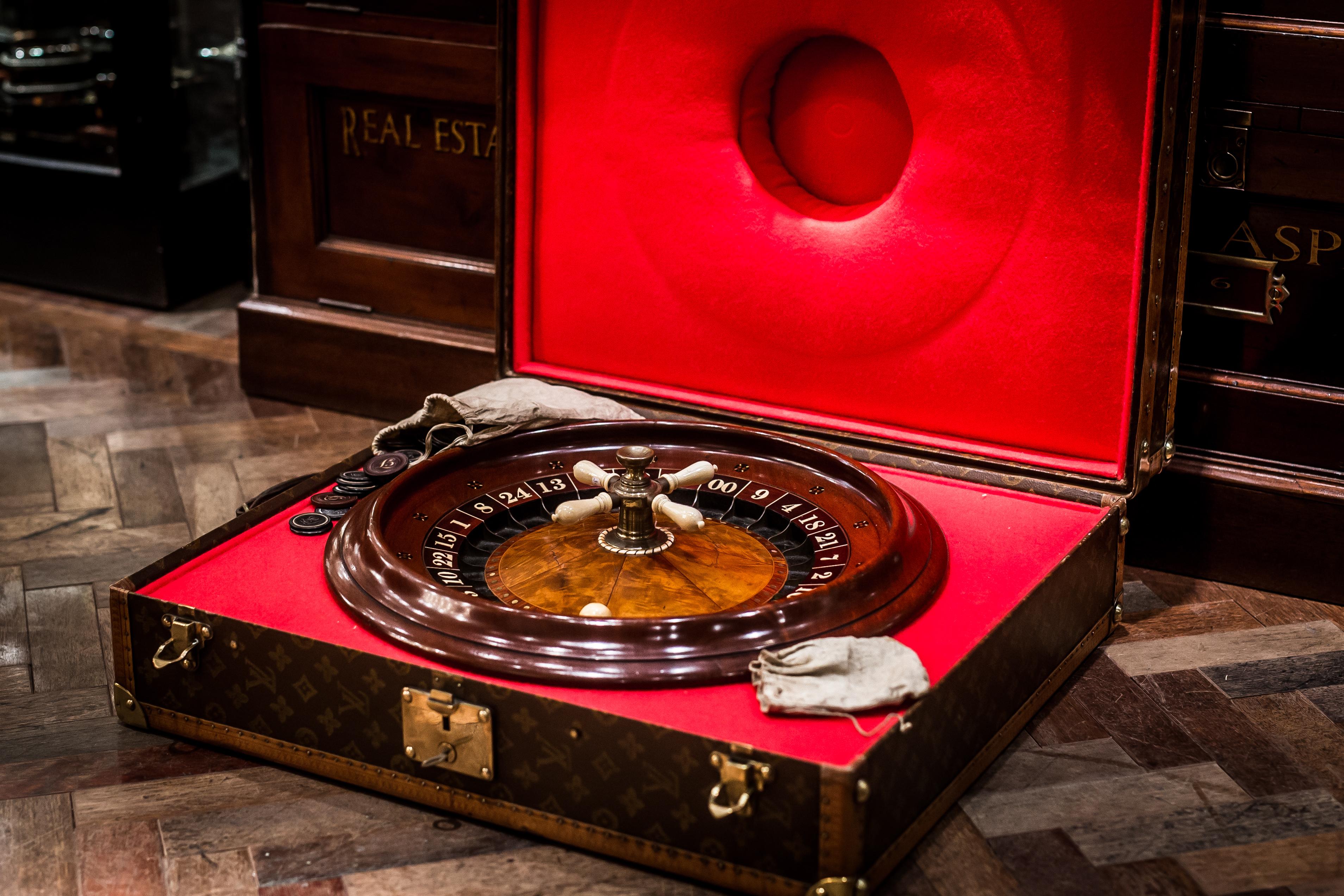 Antique Roulette Wheel Fitted into a 1950s Louis Vuitton Case For Sale 3