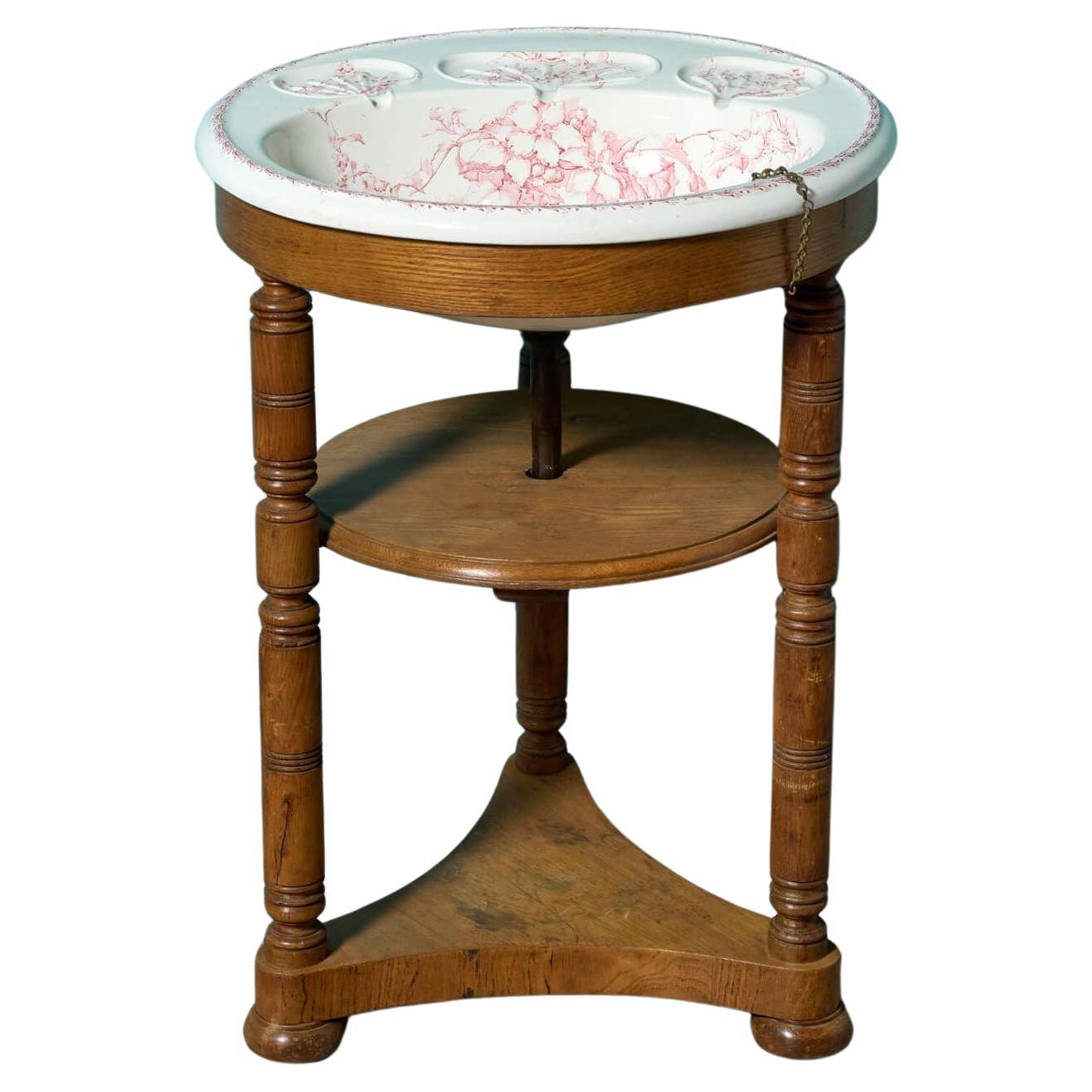 Antique Round Basin with Walnut Triform Stand For Sale