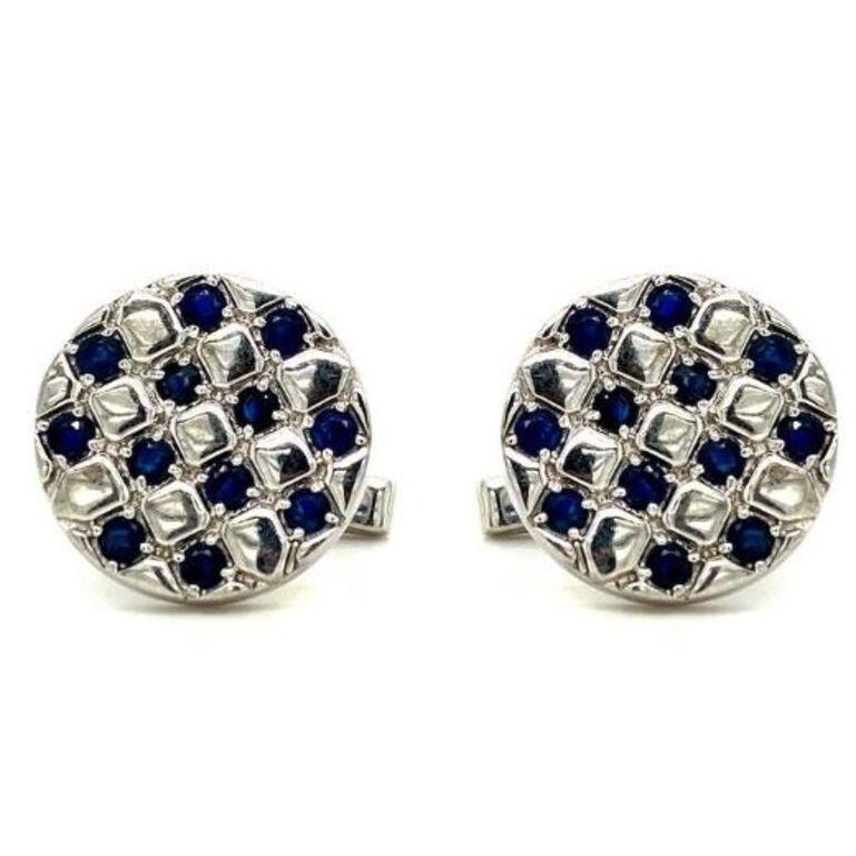 925 Silver Round Check Cufflinks with Blue Sapphire Men's Luxury Formal Jewelry In New Condition For Sale In New York, NY
