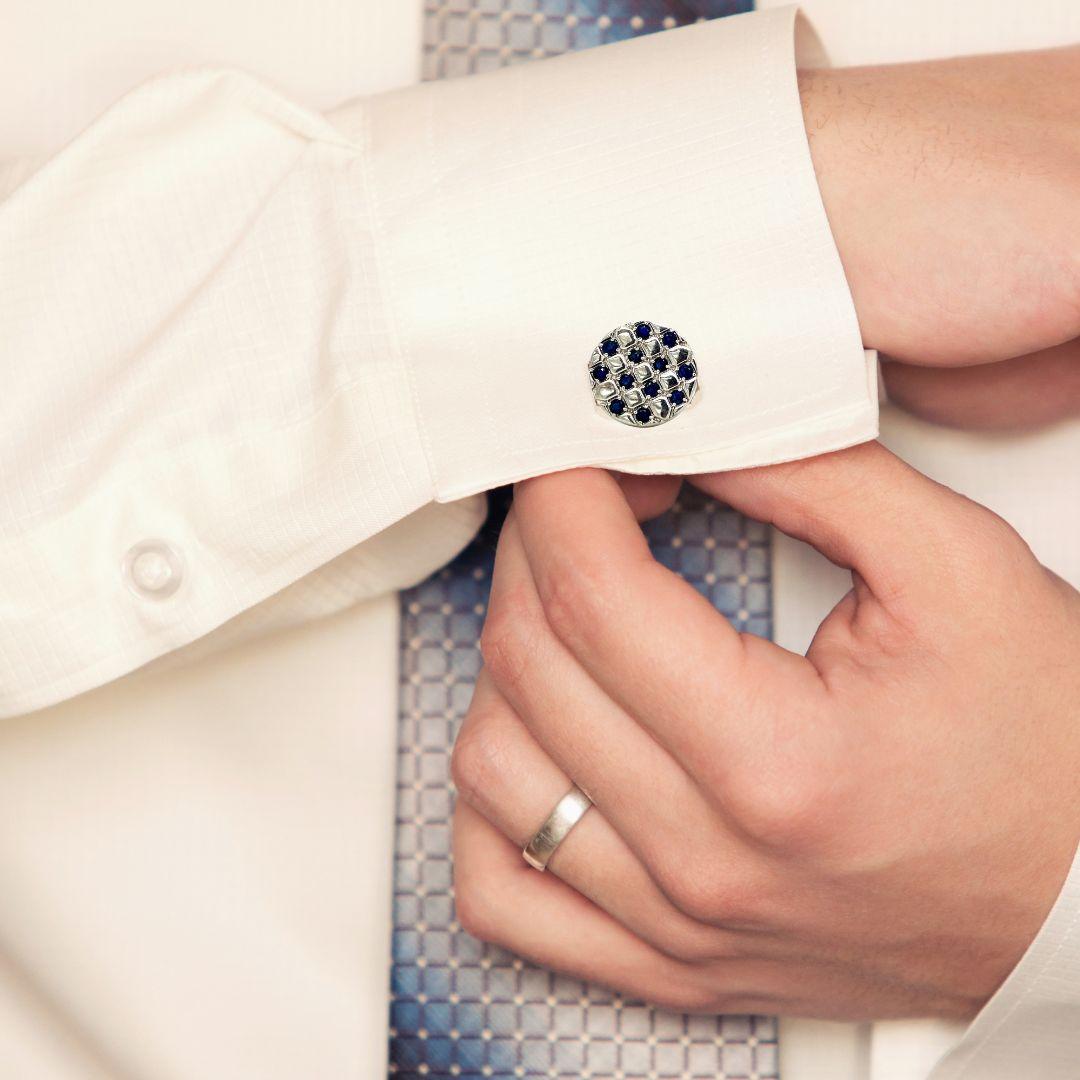 Women's or Men's 925 Silver Round Check Cufflinks with Blue Sapphire Men's Luxury Formal Jewelry For Sale