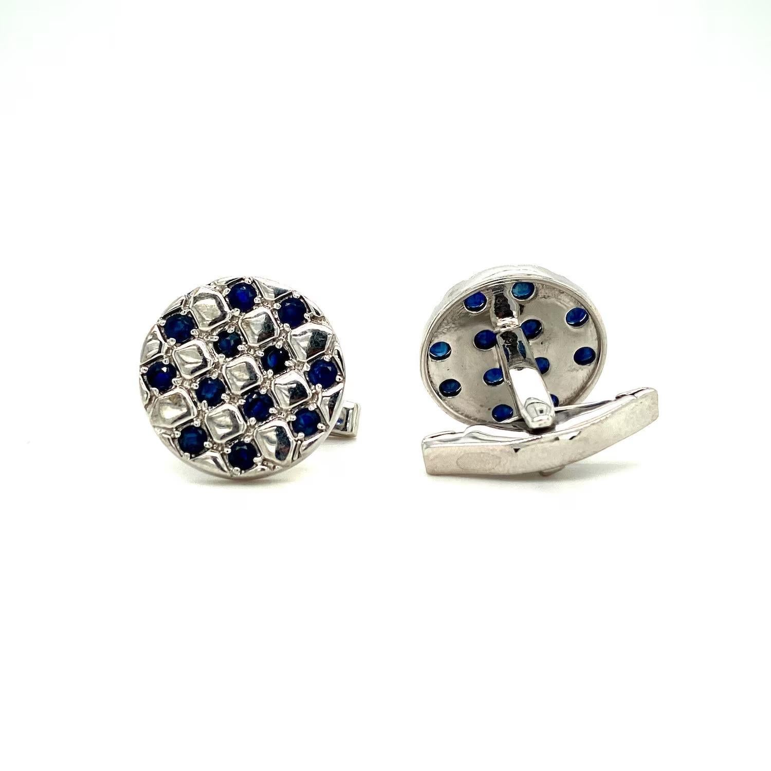 925 Silver Round Check Cufflinks with Blue Sapphire Men's Luxury Formal Jewelry For Sale 1