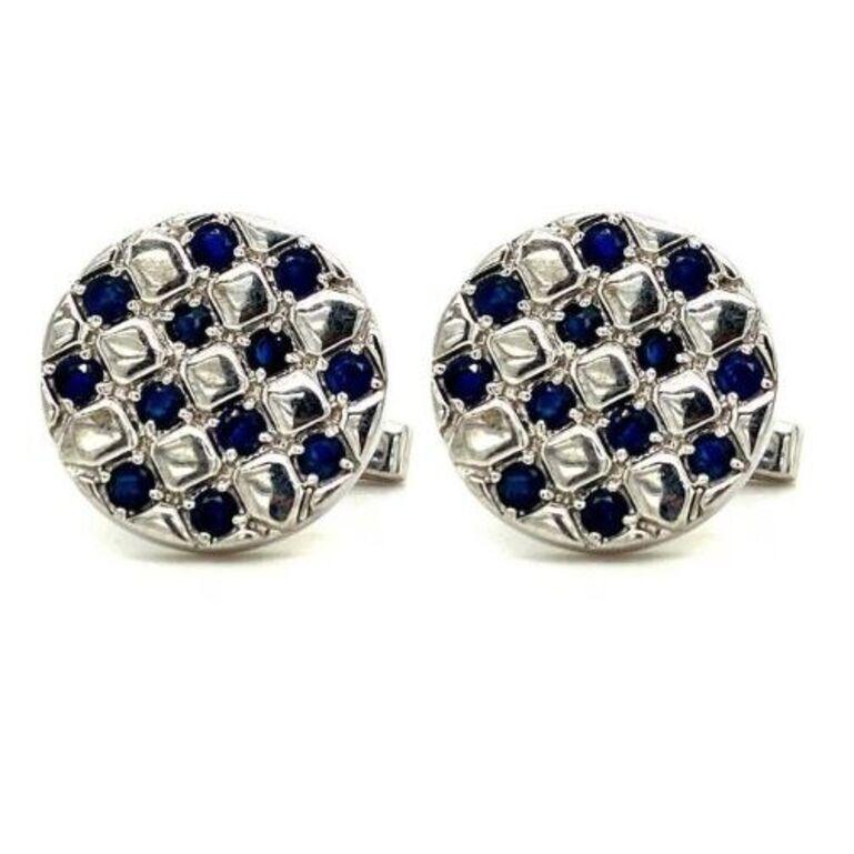 925 Silver Round Check Cufflinks with Blue Sapphire Men's Luxury Formal Jewelry For Sale 3