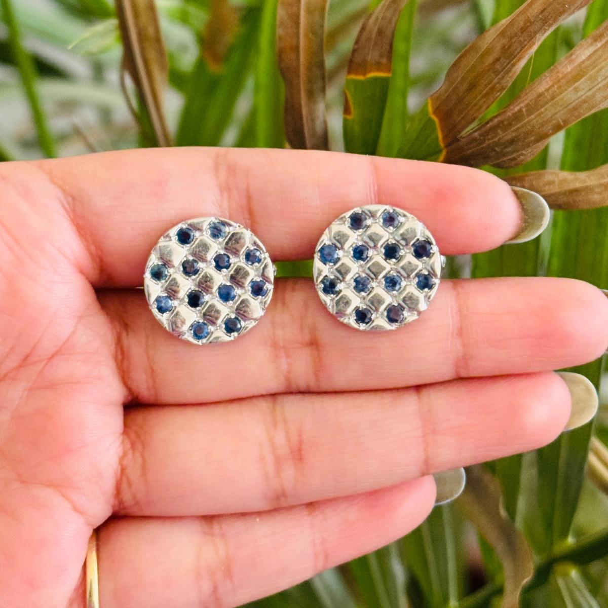 This Round Check Cufflinks with Blue Sapphire Men's Luxury Formal Jewelry elevate your formal look with these striking 925 sterling silver cufflinks, elegantly set with deep blue sapphires in a round lattice pattern. The high-polish silver finish