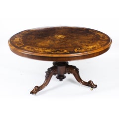 Antique Round Burr Walnut Marquetry Loo Table 19th C & 6 Vintage Chairs