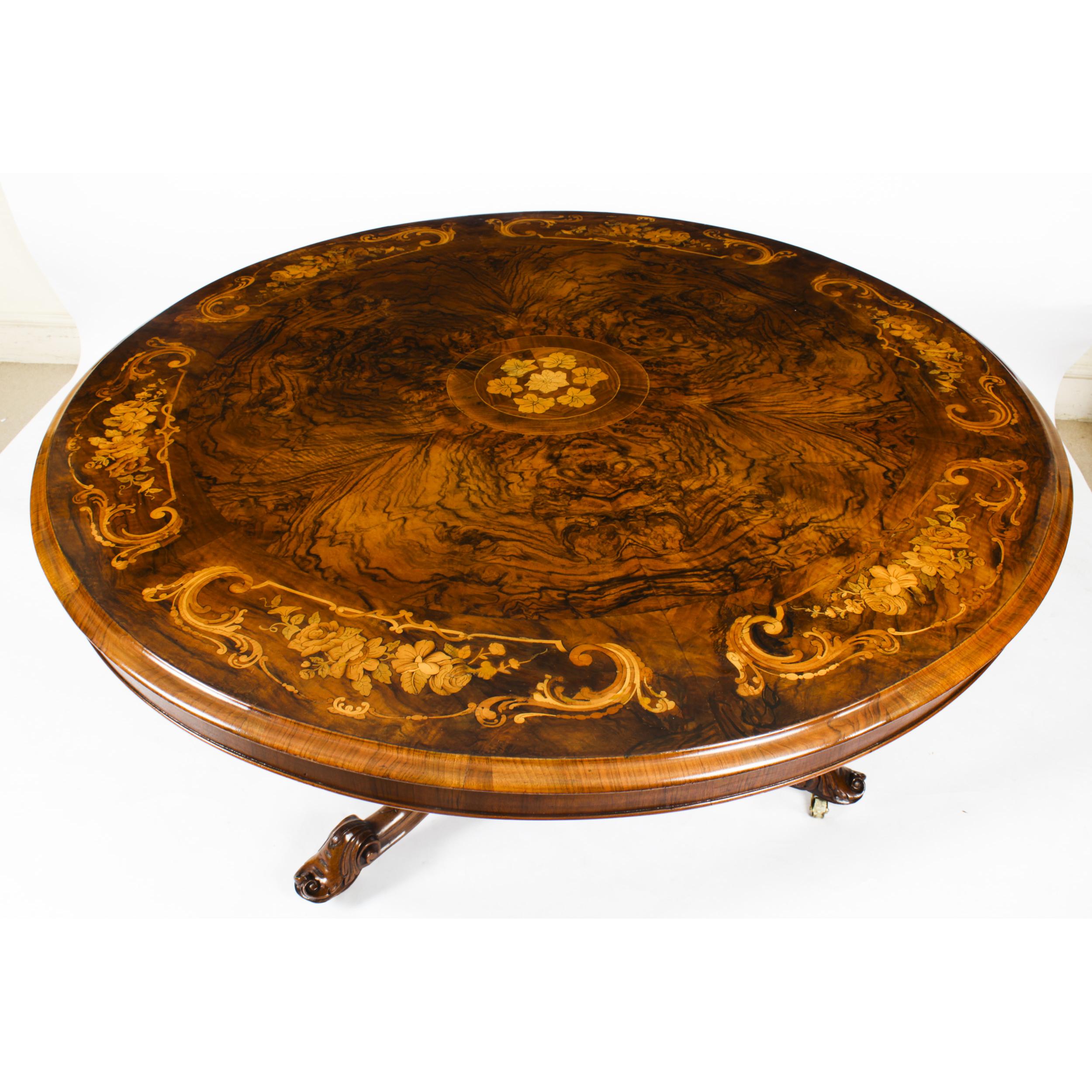 English Antique Round Burr Walnut Marquetry Loo Table 19th C & 6 Vintage Chairs