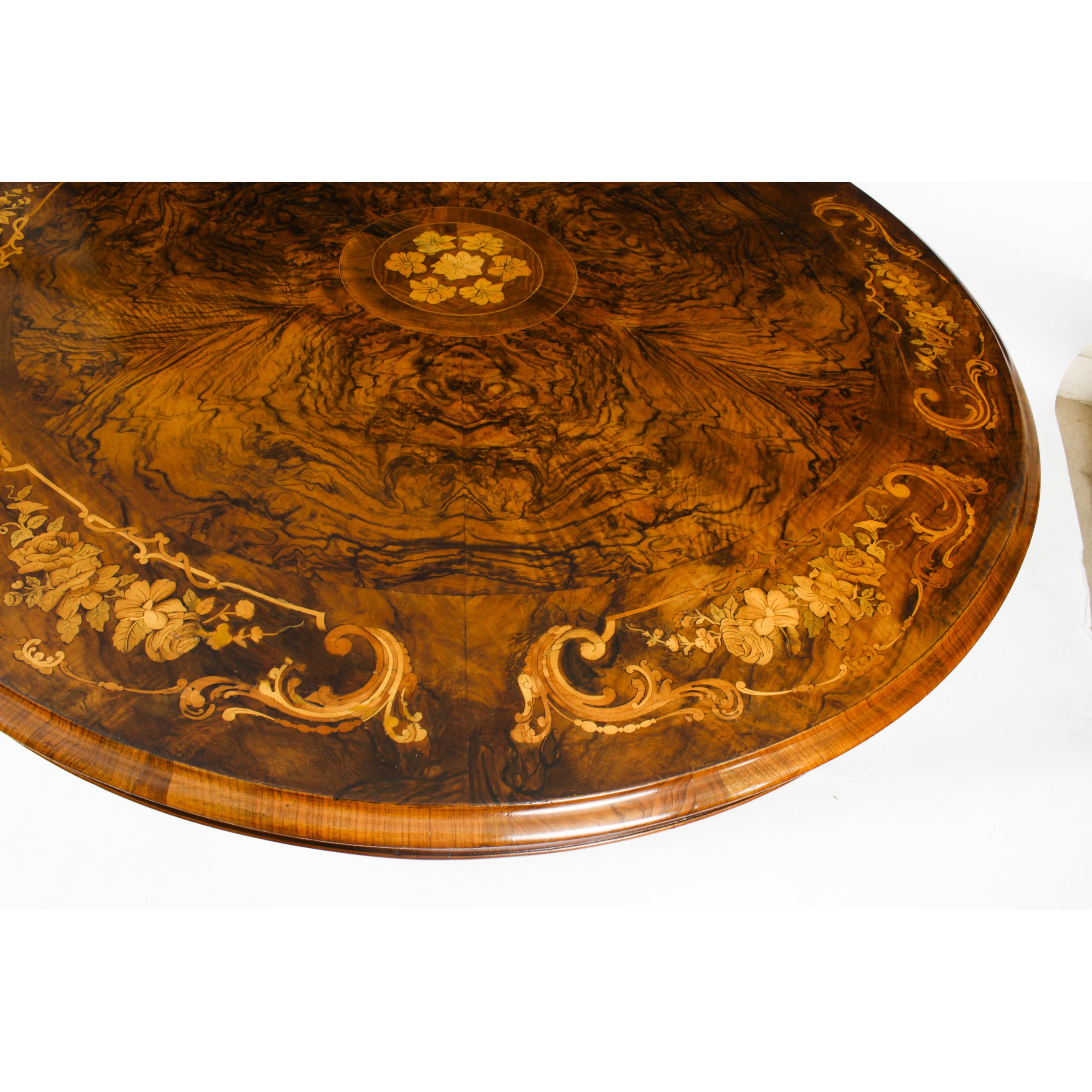 Antique Round Burr Walnut Marquetry Loo Table 19th C & 6 Vintage Chairs In Good Condition In London, GB