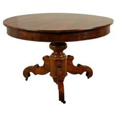 Antique Round Carved French Empire Walnut Pedestal Dining Center Table 1850