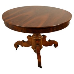 Antique French Round Carved Walnut Pedestal Tripod Dining Center Table 1850