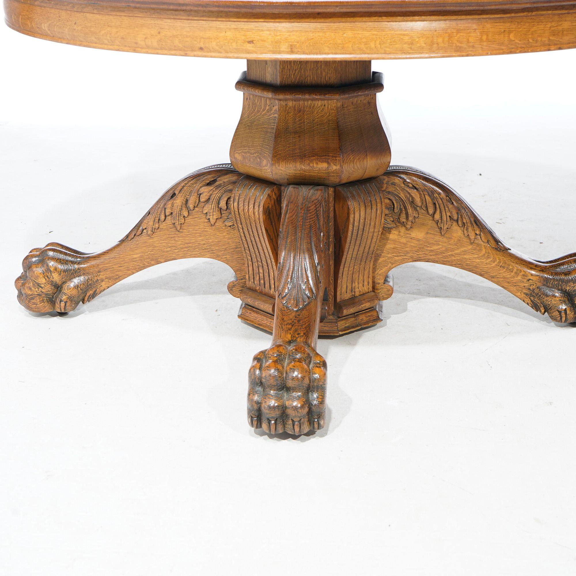 Antique Round Carved Oak Claw Foot Extension Dining Table & Three Leaves, C1910 9