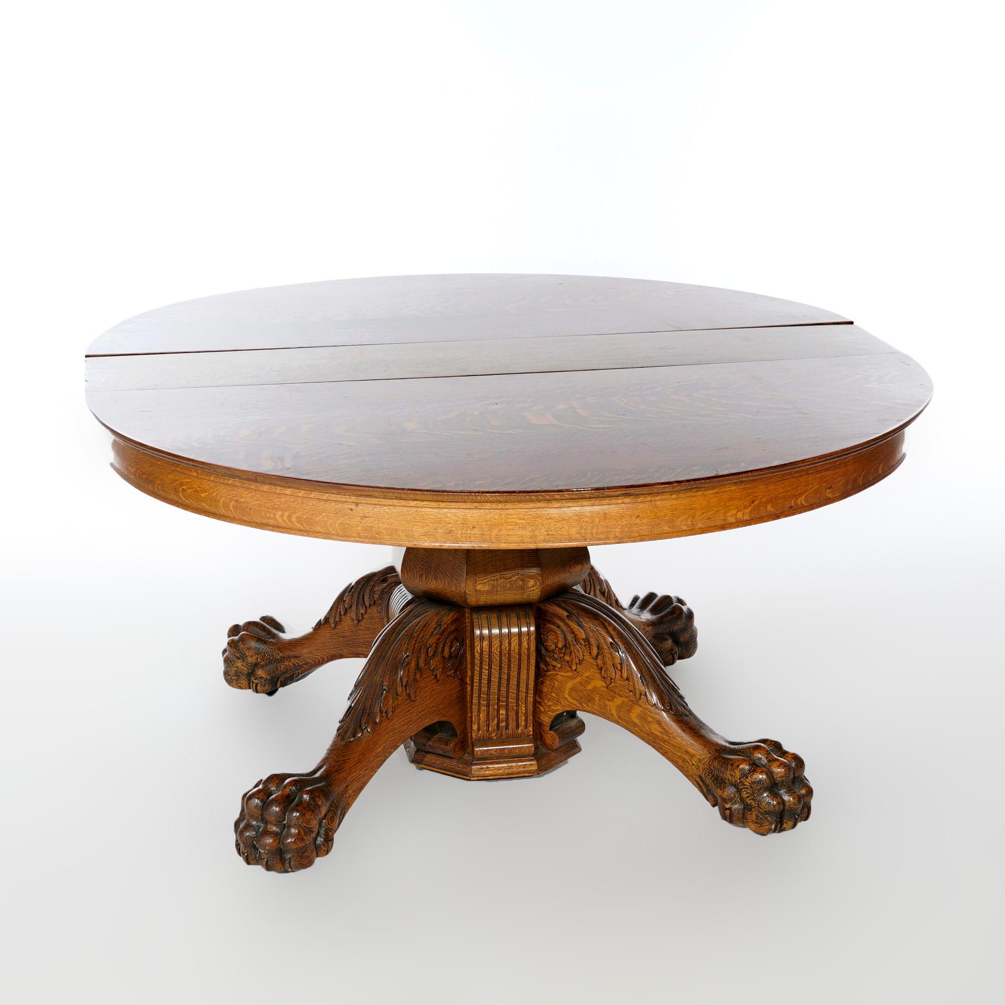 20th Century Antique Round Carved Oak Claw Foot Extension Dining Table & Three Leaves, C1910