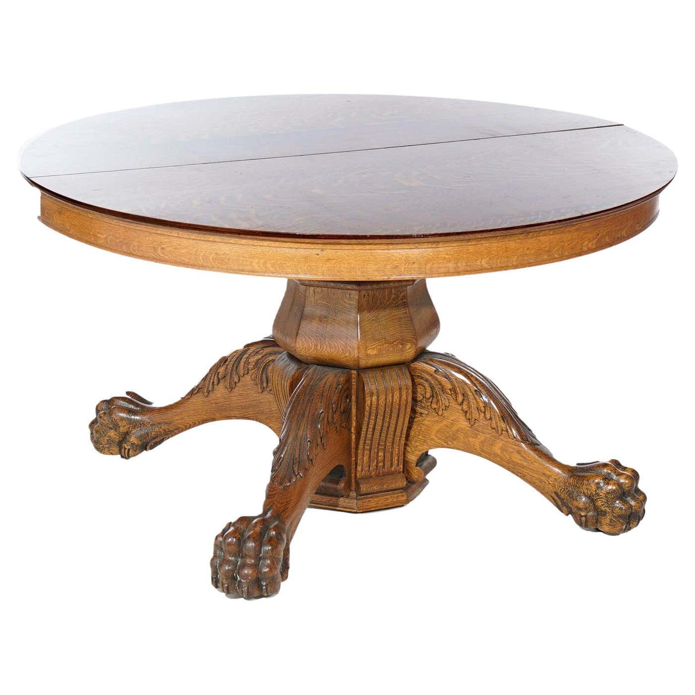 Antique Round Carved Oak Claw Foot Extension Dining Table and Three ...