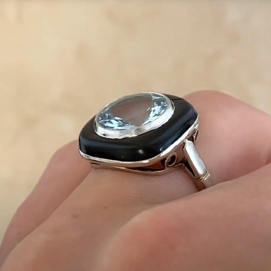 Antiker Aquamarin im Rundschliff ( ca. 3,00-karätiger) Onyx Halo-Ring, 18k Weißgold im Angebot 1