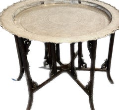 Antique Round Etched Pewter Tray Coffee Table