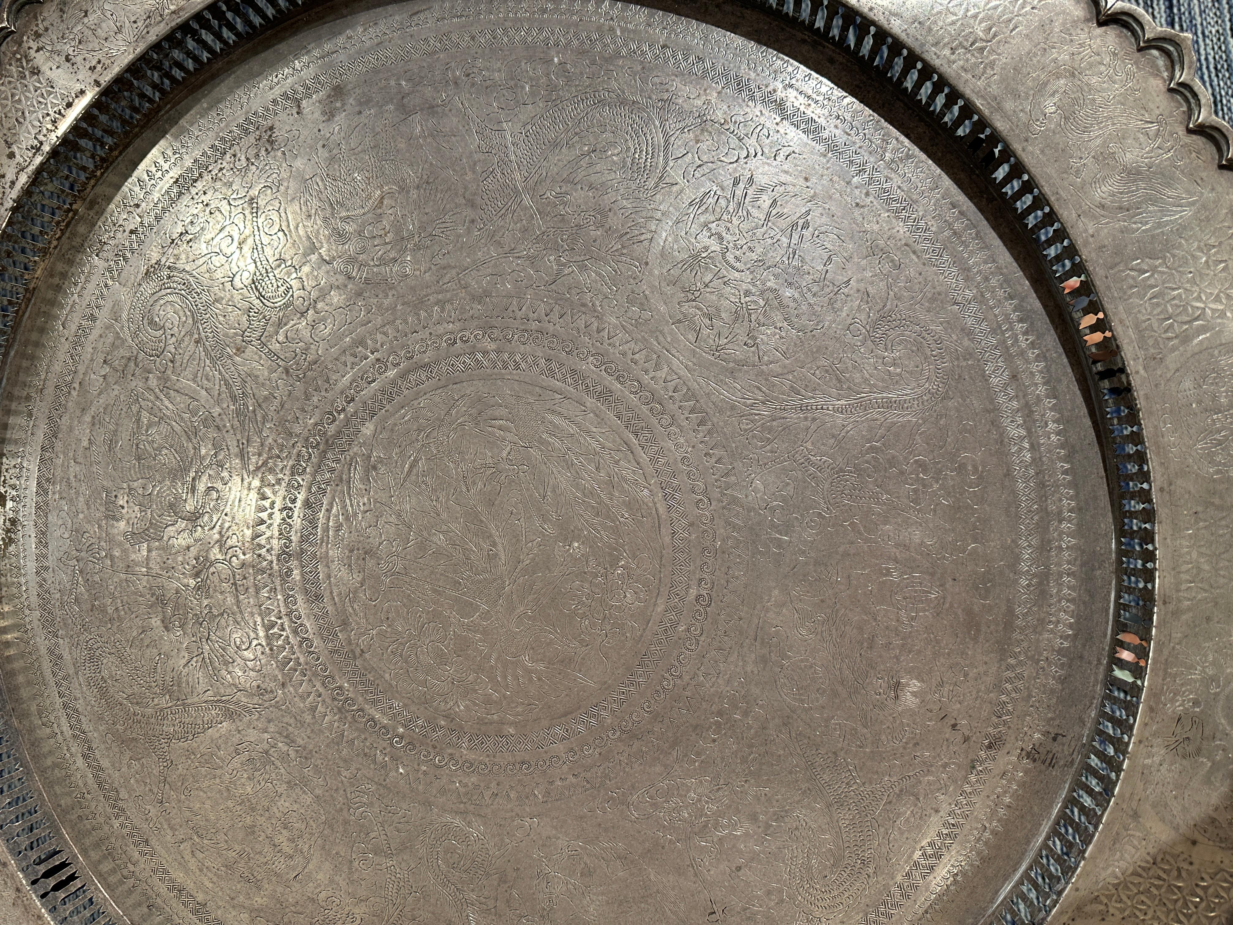 Antique Round Etched Pewter Tray Coffee Table  In Good Condition For Sale In Summerland, CA