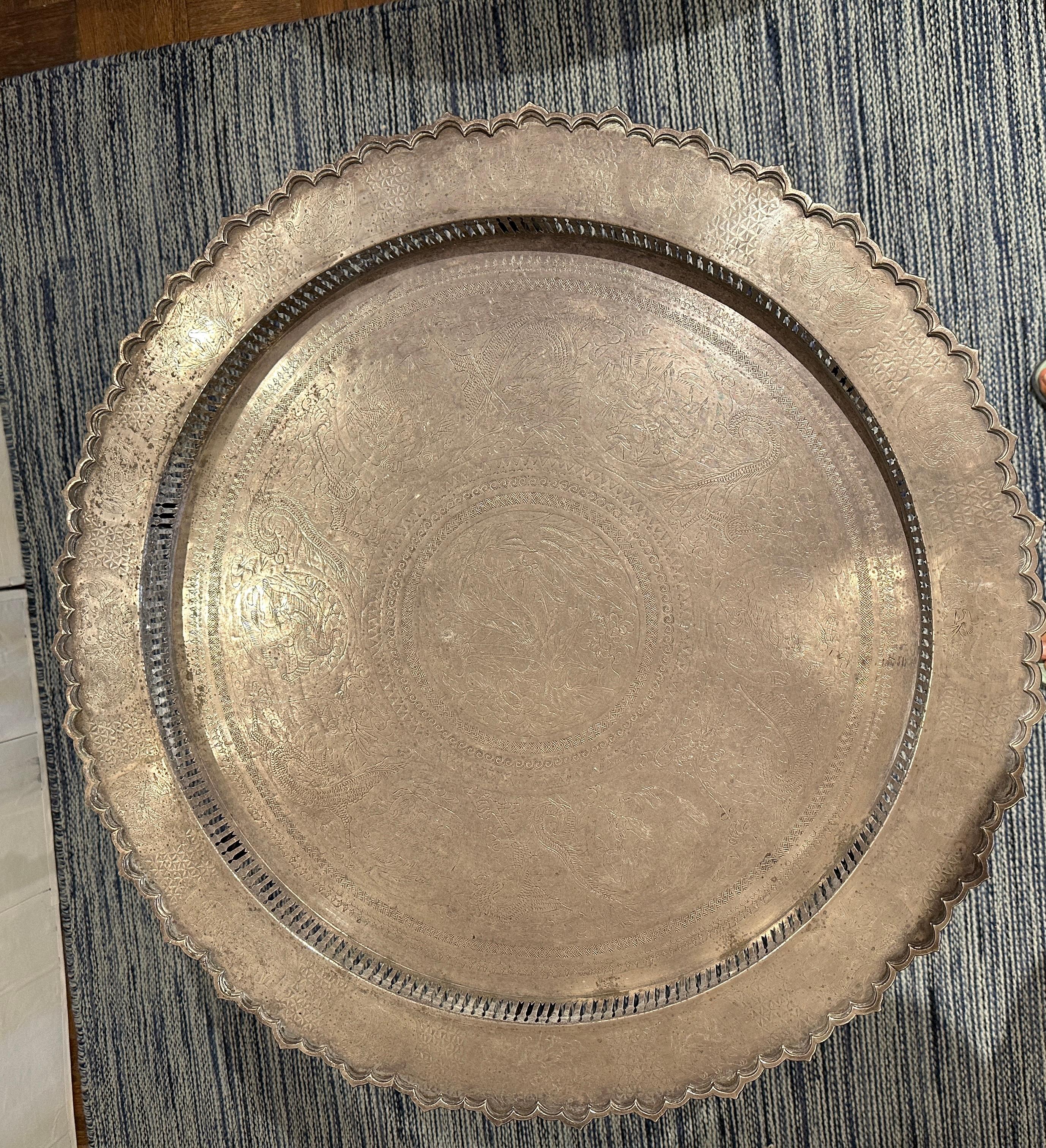Antique Round Etched Pewter Tray Coffee Table  For Sale 4
