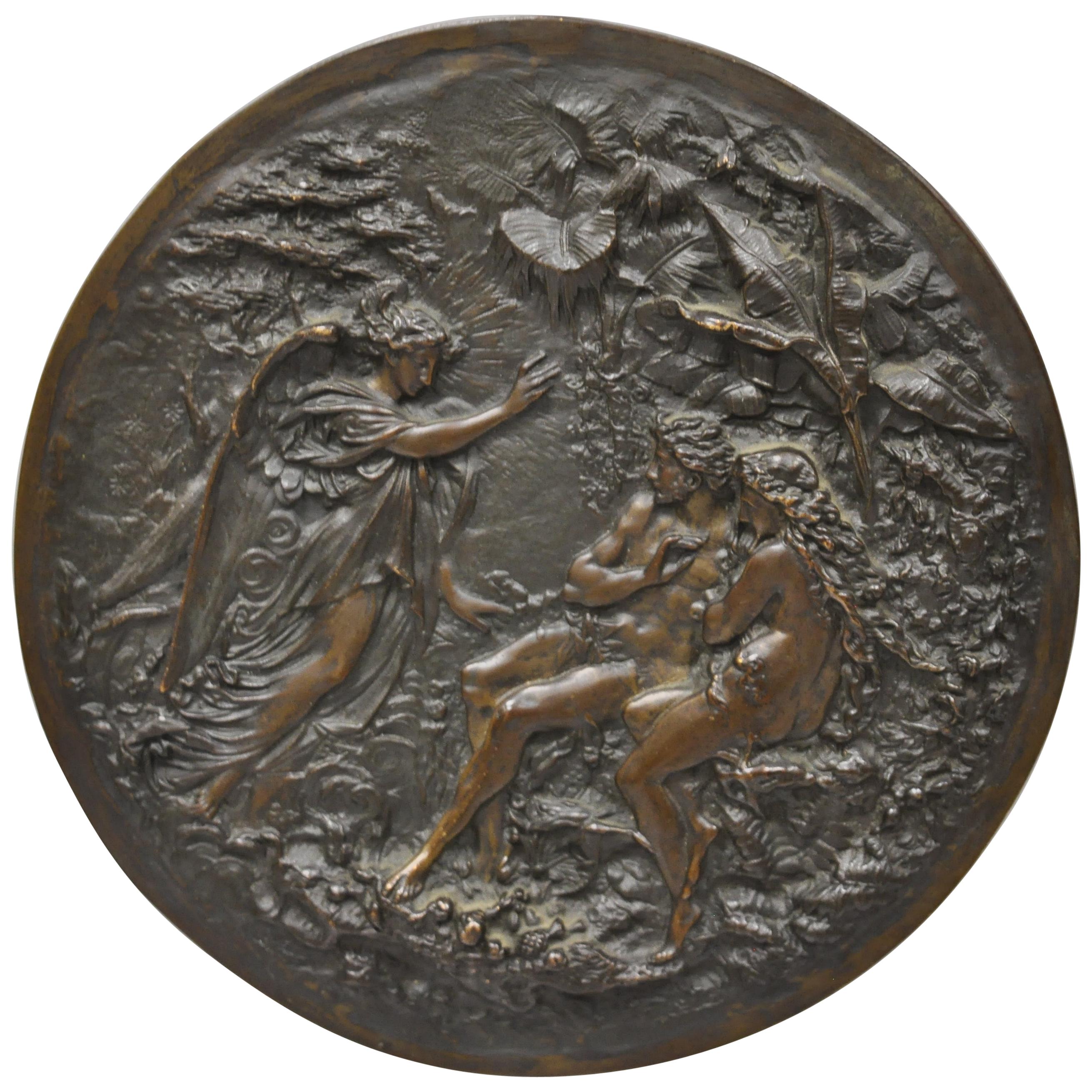 Antique Round Figural Bronze Plaque Medallion Adam and Eve Garden of Eden